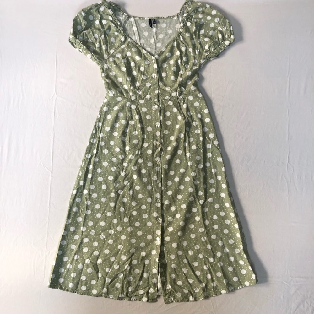 Vero Moda Muted Olive Polka Dot Midi Dress Linen Blend XS